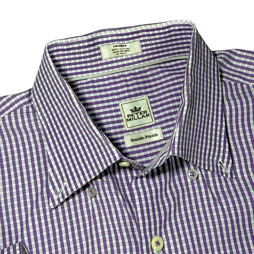 Peter Millar Mens Purple Gingham Check Button Down Shirt Seaside Wash Cotton L